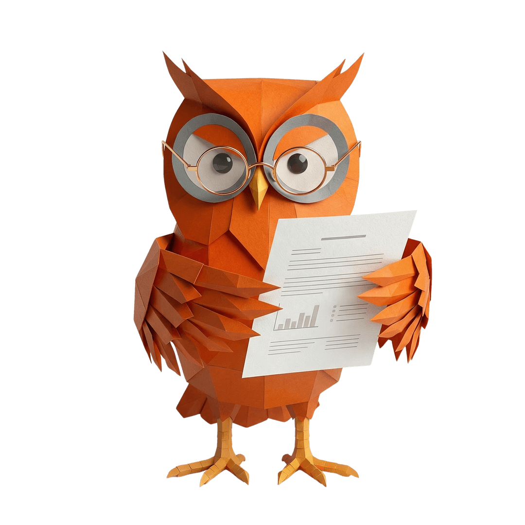 Oranje Uil mascotte leest een document