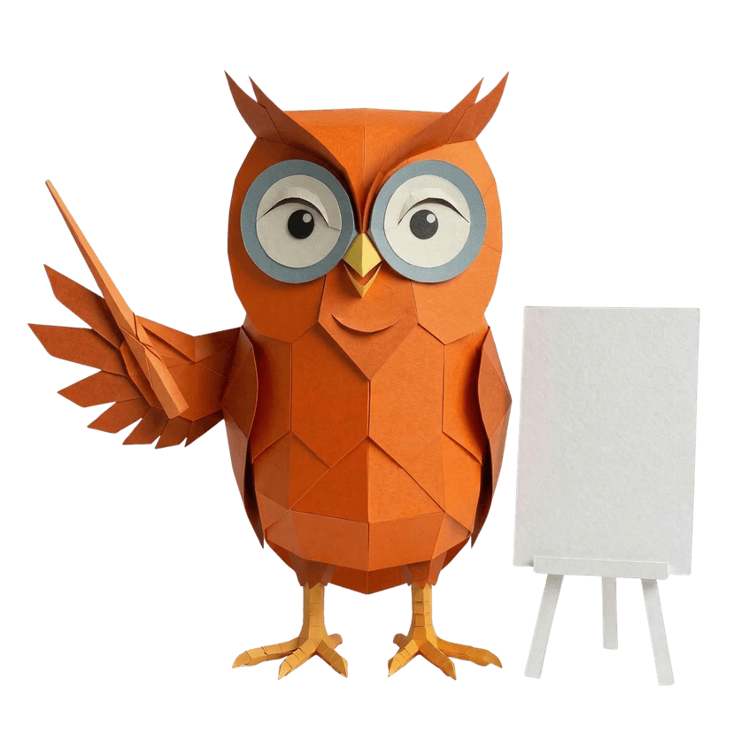 Mascotte van Oranje Uil met aanwijsstok