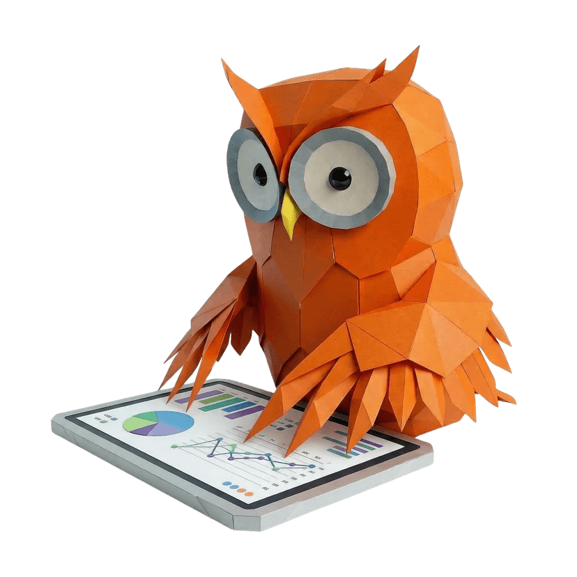 Mascotte van Oranje Uil — met tablet en grafieken