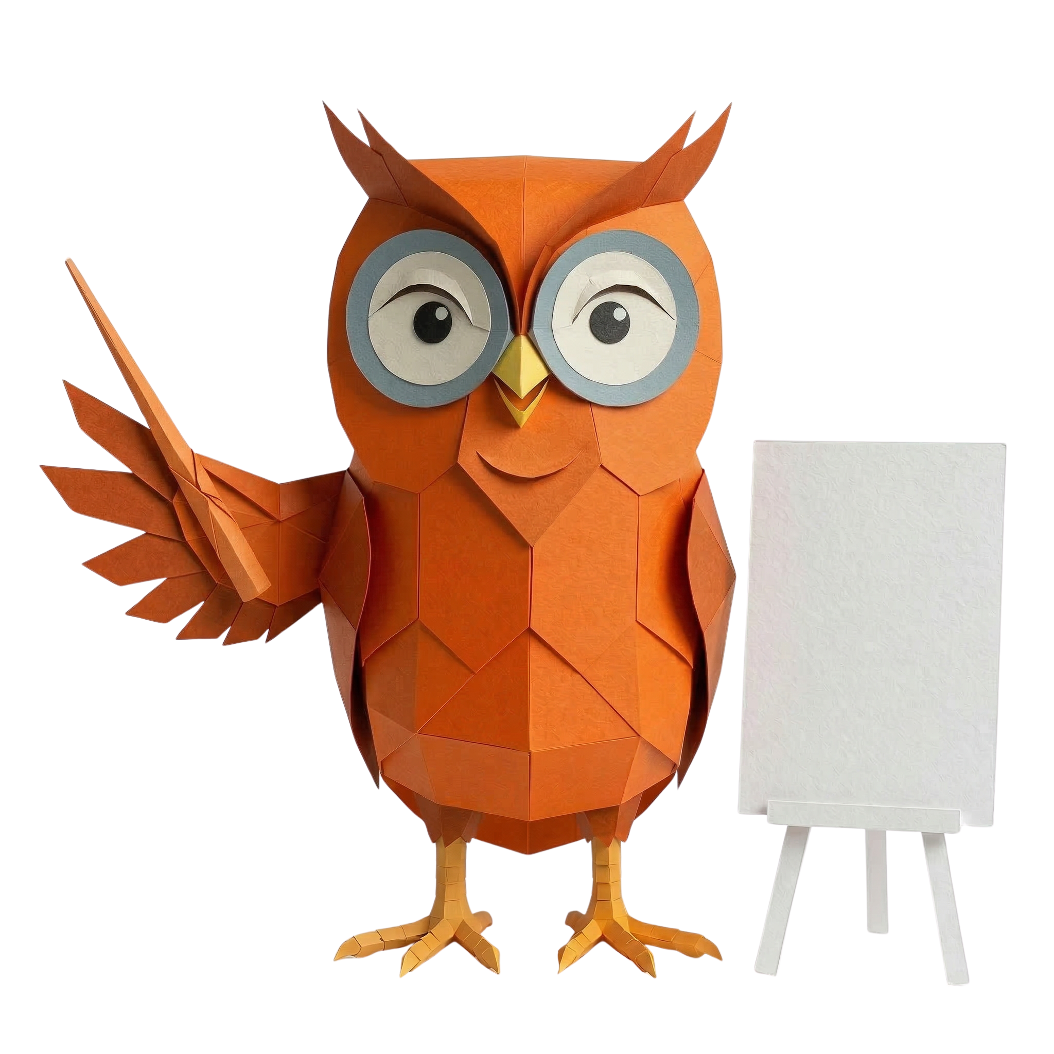 Oranje Uil mascotte met aanwijsstok