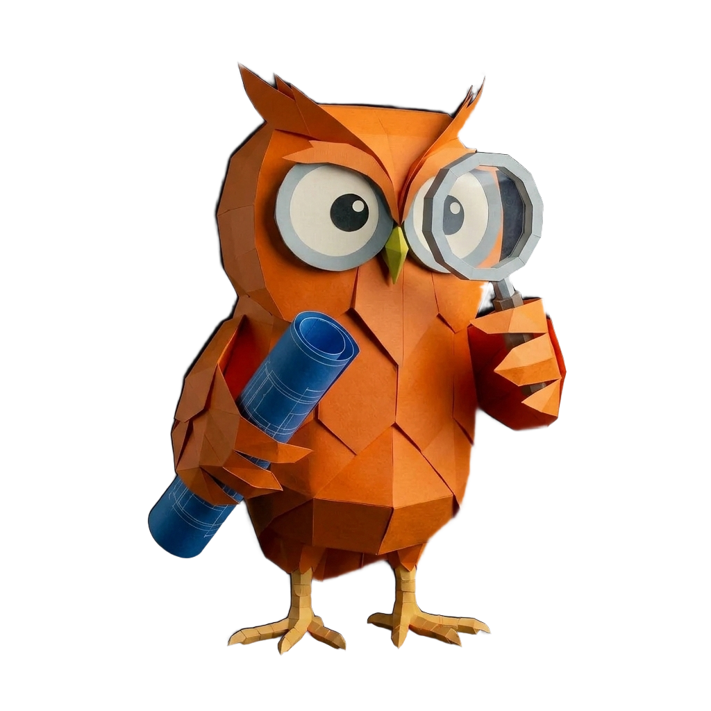 Oranje Uil mascotte met bouwtekening en vergrootglas