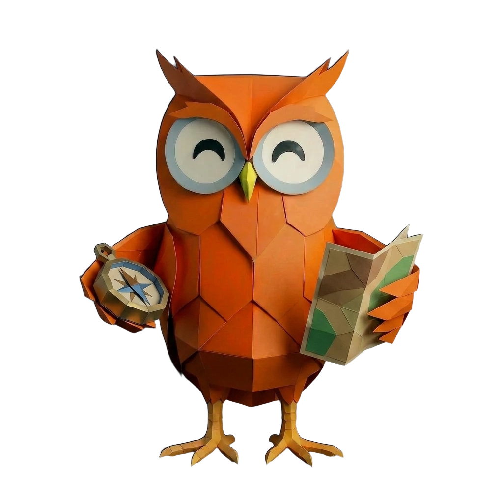 Oranje Uil mascotte met kompas en kaart