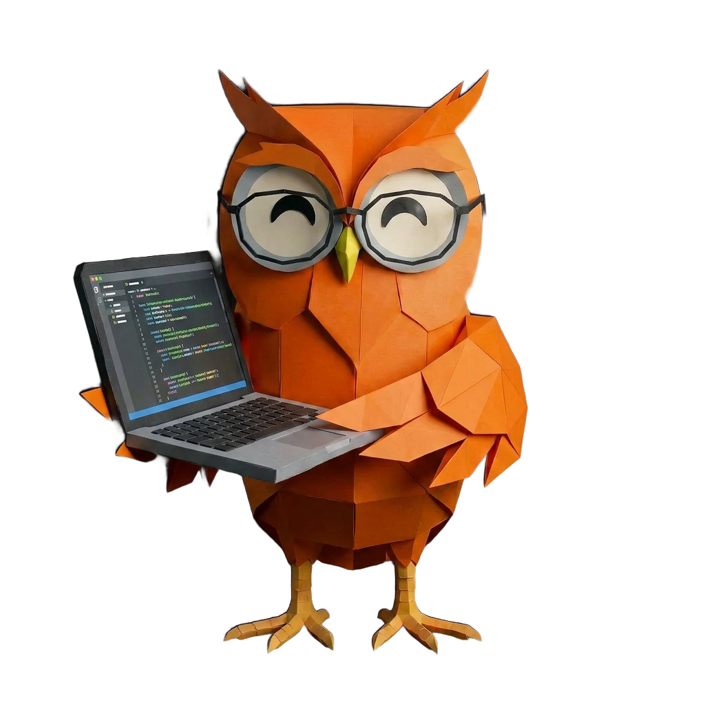Oranje Uil mascotte met laptop